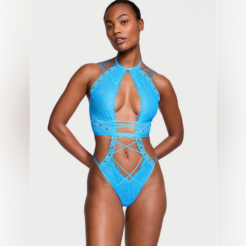 High-Neck Rose Lace & Grommet Strappy Teddy